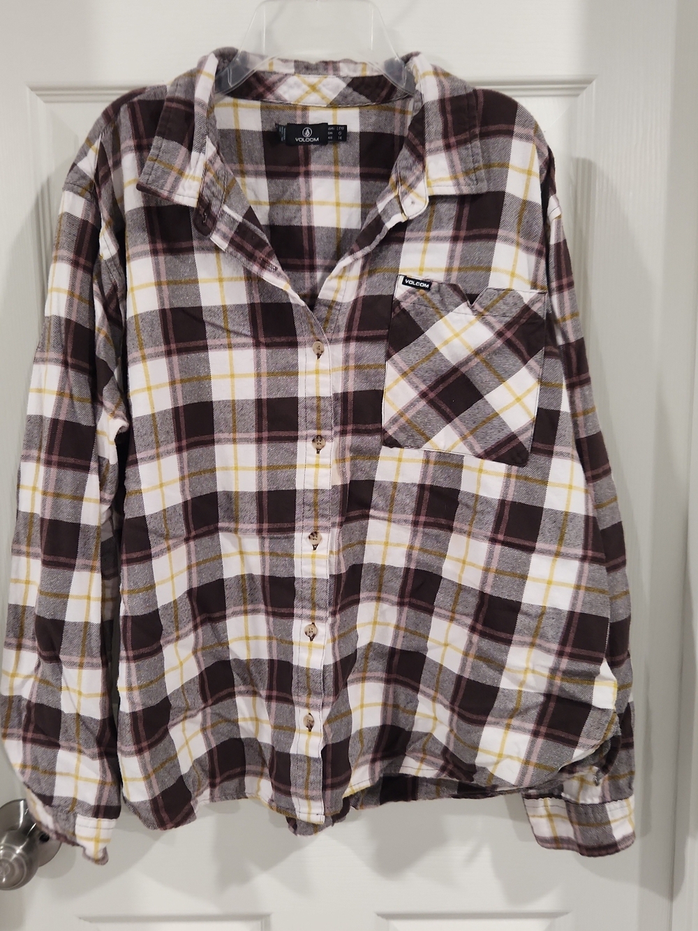 Volcom Plaid to Meet U Flannel Shirt Womens Size L Large 10 Cotton Brown Yellow